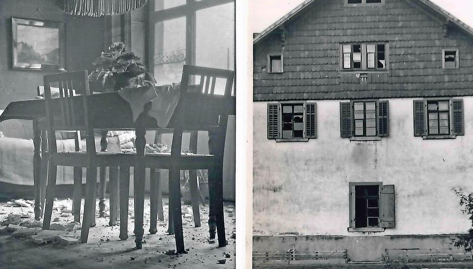Links: Wohnung in Oberwiesen mit lädierter Zimmerdecke, rechts: Beschädigte Fenster an einem Haus in Oberwiesen. Bilder: zvg