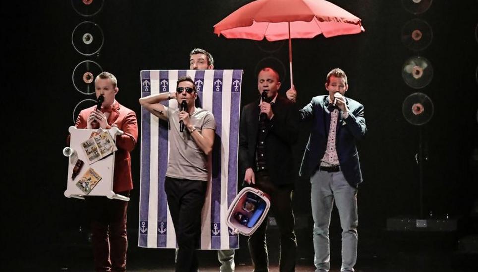 A cappella ohne Maxi-Cosi und Sicherheitsgurt in den Urlaub nach «San Benedetto» – Bliss (v. l.) mit Viktor Szlovák, Tom Baumann, Matthias Arn, Claudio Tolfo und Lukas Hobi. Bild: Melanie Duchene
