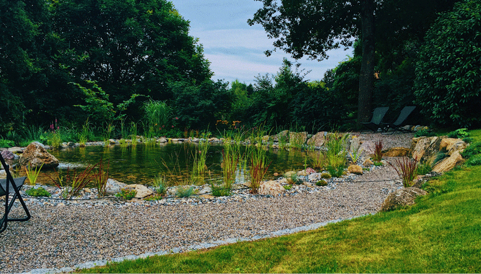Ein Gartenteich zum Geniessen, mit Steinen aus dem Bodensee – ein natürlicher Lebensraum für Frösche, Libellen und andere Tiere.