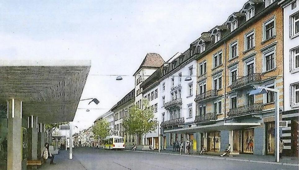 Im Siegerprojekt der Wüst Rellstab Schmid AG und ihrer Partner sind alternierend angeordnete Warteunterstände am Bahnhofplatz vorgesehen. Visualisierung zvg