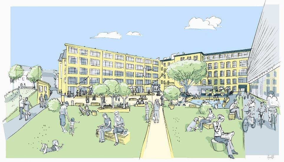 Der Hof soll künftig nicht mehr als Parkplatz, sondern als Aufenthalts- und Erholungsraum dienen. Zeichnungen: Stadt Schaffhausen