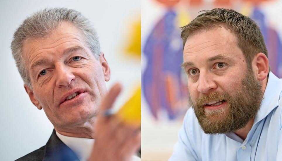 Heinz Karrer (links) und Lukas Reimann duellierten sich im SN-Streitgespräch zur Begrenzungsinitiative. Bilder: Key