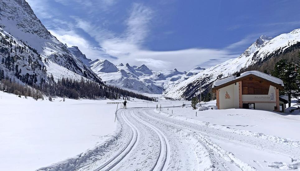 Tief verschneit und sonnendurchflutet: So präsentiert sich das Val Roseg bei Pontresina im Engadin von seiner schönsten Seite. Erkunden kann man das Tal mit der Kutsche, spazierend oder auf den Langlaufski. Bild: dmu