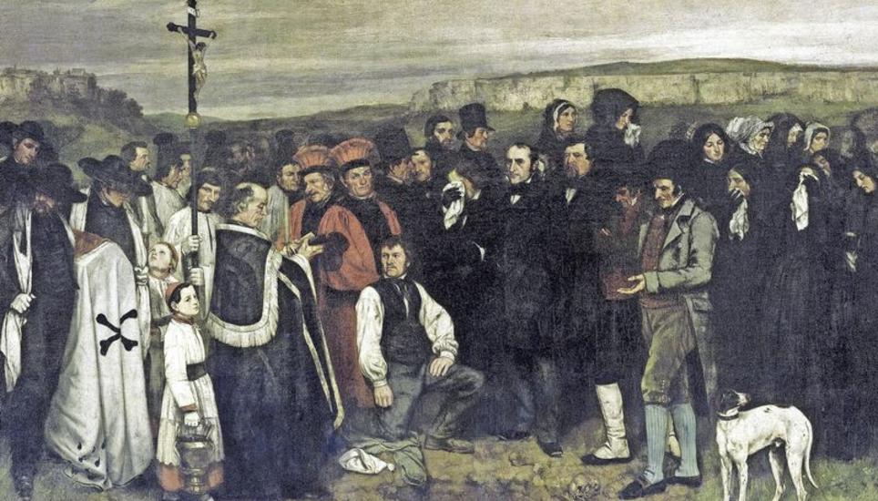 Sechs Meter lang und ungeschönt: Gustave Courbets Bild von 1848 einer Begräbnisszene in seinem Heimatdorf. Das Pfarrergesicht ist tumb, die Sargträger sind rotnasig. Bild: Musée D'Orsy