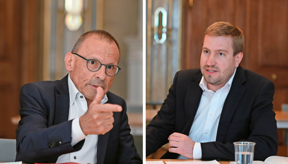 Alt Regierungsrat und SVP-Mitglied Ernst Landolt (links) kämpft für das neue CO2-Gesetz. SVP-Grossstadtrat Michael Mundt dagegen. Bilder: Selwyn Hoffmann