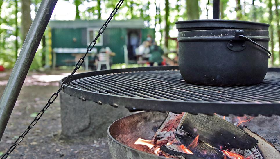 Auf dem schönen Waldplatz kochen die "FrischLuft"-Teilnehmenden gemeinsam über dem Feuer.
