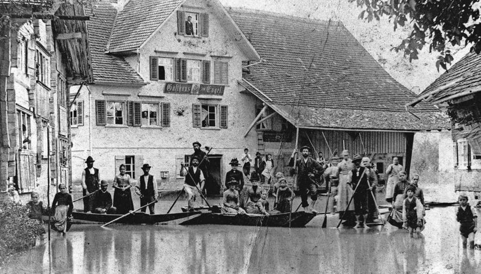 Überschwemmung mit politischen Folgen: 1890 wird Lustenau überschwemmt. Bild: Staatsarchiv St. Gallen