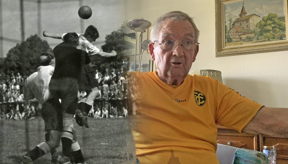 Zwischen diesen beiden Bildern liegen 67 Jahre. Links: Kurt Grünig in Aktion (mit dem Rücken zur Kamera), rechts: Kurt Grünig heute, mit 89 Jahren. Bild: zVg/RD