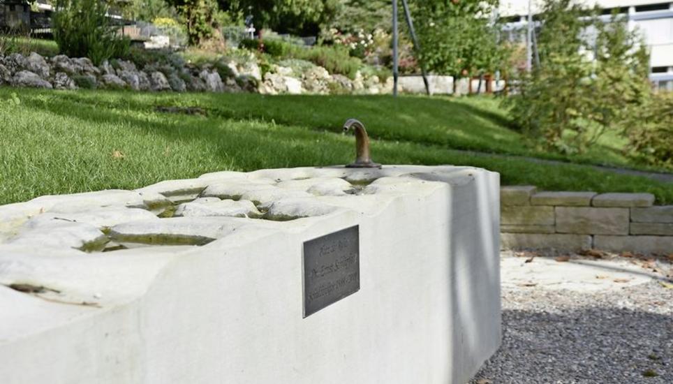 Der Insektenbrunnen auf dem Areal Charlottenfels, an dem sich die Plakette zu Ehren von Ernst Schläpfer befindet. Bild: Gian Schäppi