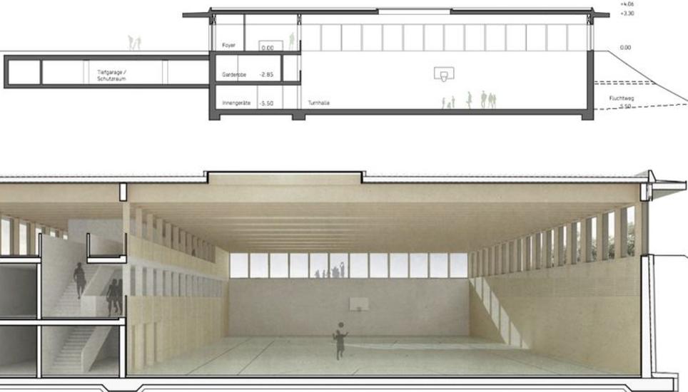 Ein Querschnitt und eine Visualisierung der geplanten Dreifachturnhalle in Rüdlingen. Bild: zVg