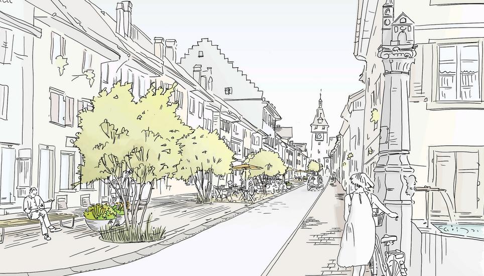Es könnte bald grüner werden in Neunkirch: Visualisierung eines diskutierten Vorschlags zur Aufwertung der Vordergasse. Bild: zVg