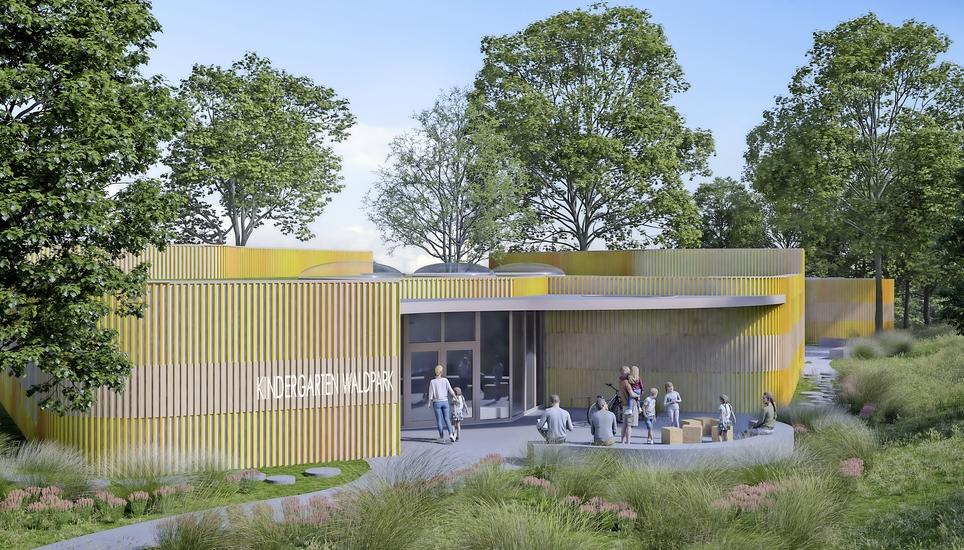 So soll der neue Doppelkindergarten Waldpark in Neuhausen aussehen. Visualisierung: zVg