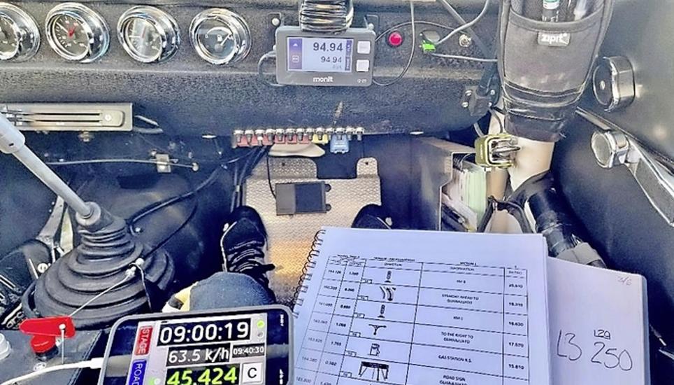 Der Arbeitsplatz von Co-Pilot Zwahlen, viel Technik und detaillierte Streckenpläne.