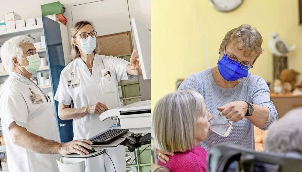 Christian Nohl und Silvia Werni (links) im Kantonsspital und Verena Wegmann im Pflegeheim Schönbühl. Bild