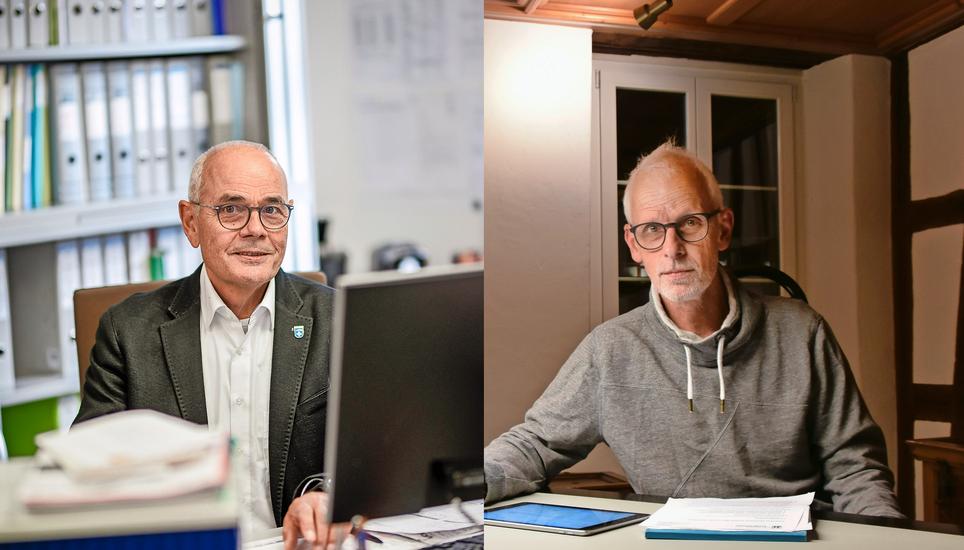 Sind sie Präsidenten von zwei Gemeinden voller «Impfmuffel»? Jürg Grau (Feuerthalen, links) und Gilbert Bernath (Flurlingen) widersprechen. Bilder: Melanie Duchene/Alexander Joho