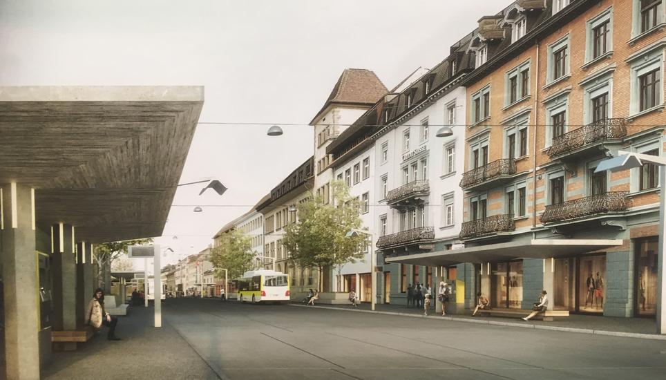 Geht es nach den Befürwortern, soll die Bahnhofstrasse künftig so aussehen. Visualisierung: zVg