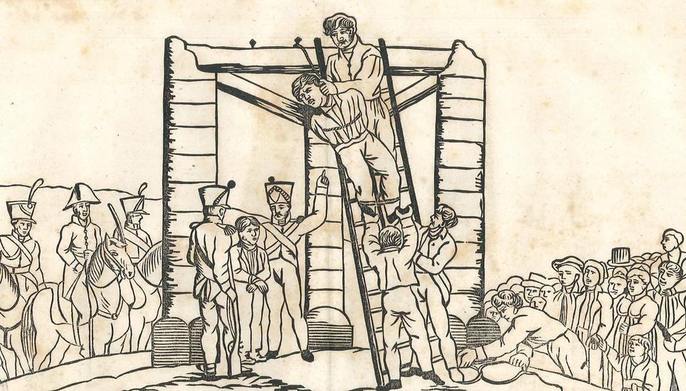 Johann Baptist Wild endet am Galgen. Links ist Andreas Müller zu sehen. Bild: Stadtarchiv Schaffhausen