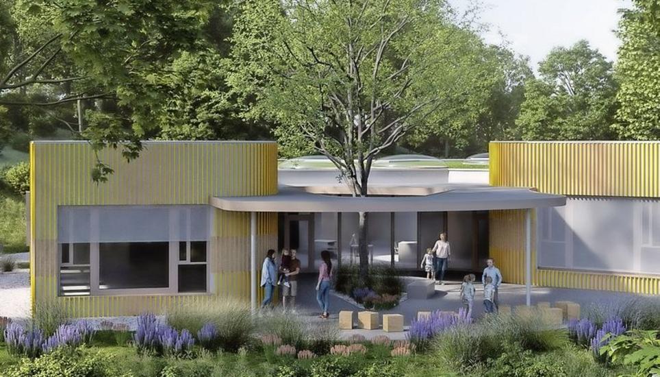So soll der neue Doppelkindergarten Waldpark im Gebiet Gemeindewiesen aussehen. Visualisierung: zVg