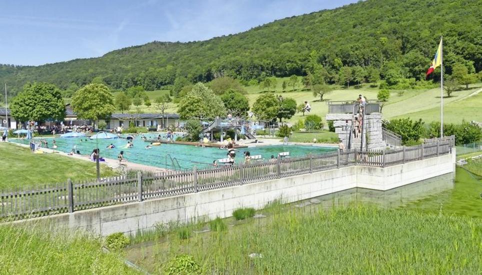 Die zu verbessernde Bio-Wasseraufbereitung in der Beringer Badi ist im Vordergrund deutlich erkennbar. Bild: Theo Kübler