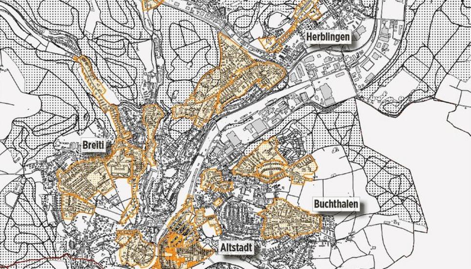 «Hoheitsgebiete ohne konkrete Projekte»? Die Stadt hat in einem Masterplan definiert, wo SH Power Wärmeverbünde realisieren will (orange). Bild: zvg