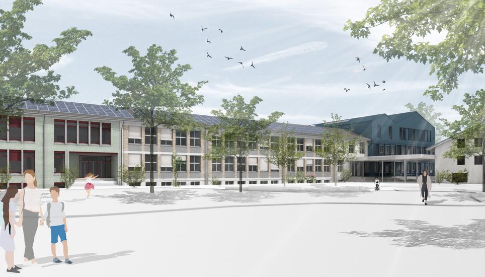 Der geplante Neubau wird neben Klassen- und Fachzimmer sowie regulärer Gruppenräume auch Mehrzweckräume bieten, die von externen Vereinen genutzt werden können. Bild: zVg