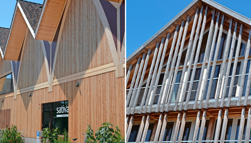 «Schöne» Bauten – aus Sicht der verantwortlichen Architekten und der Zürcher Stiftung für die Auszeichnung guter Bauten: das Sativa-Hauptgebäude in Rheinau (links) und das Mehrfamilienhaus «Breiten» in Wildensbuch. Bilder: Alexander Joho