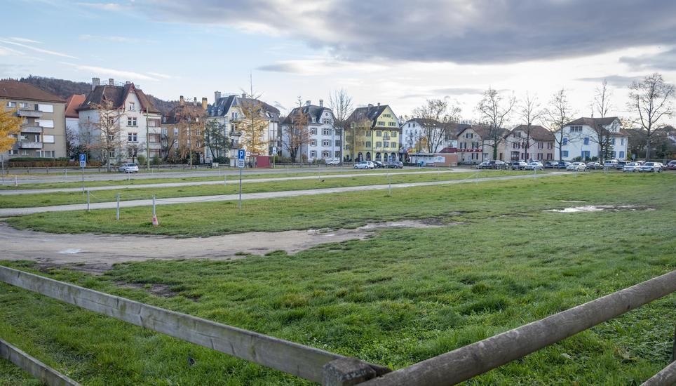 Die Burgunwiese ist die letzte grosse Freifläche im Neuhauser Zentrum und wird derzeit als Ersatzparkplatz für Rheinfalltouristen genutzt. Archivbild: Melanie Duchene