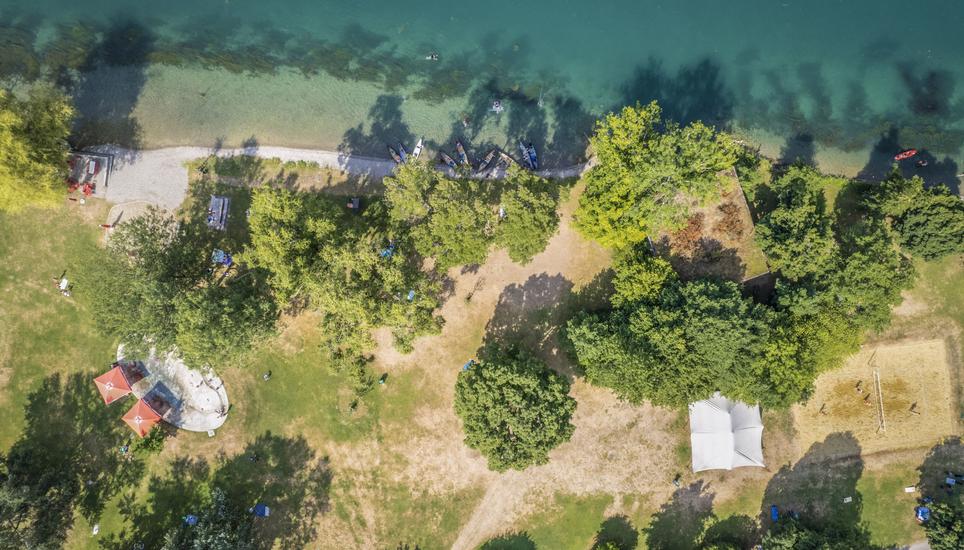 Die Wiesen bleiben voraussichtlich auch im August trocken, wie beispielsweise hier in der Badi Langwiesen. Bild: Melanie Duchene