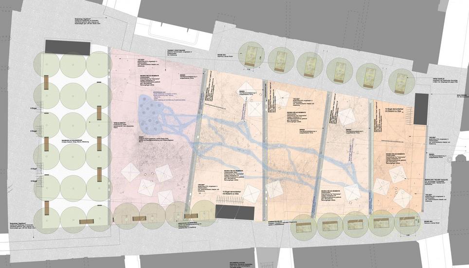Ein Plan des erneuerten Herrenackers aus der Vogelperspektive. Die Sitzbänke an den Baumtrögen schauen auf den Herrenacker und nicht zum Theaterrestaurant. Visualisierung: zVg
