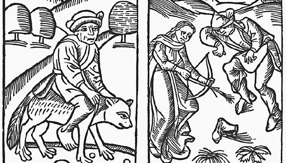 Der «Wolfsritt», einer von sieben Holzschnitten aus Ulrich Molitors «De laniis et phitonicis mulieribus» von 1489. Bild: Swissinfo.ch