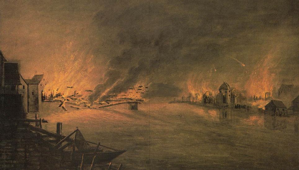 In einem seiner Gemälde bildet Bleuler den Brand der Rheinrücke ab.