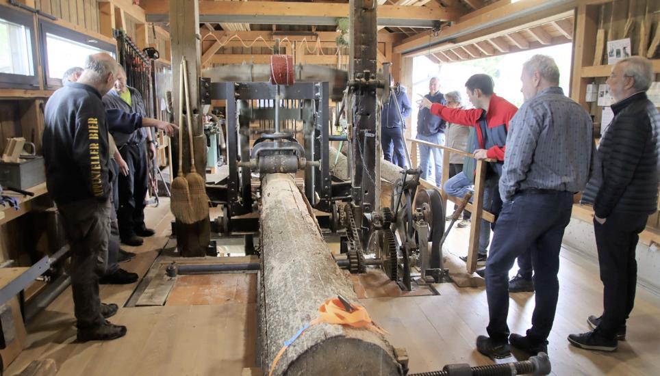 Der Stamm wird mit Vorschubeinrichtung ins Sägewerk gezogen. Bild Roland Müller