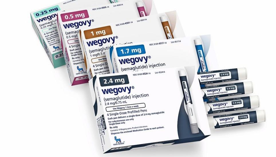 This image provided by Novo Nordisk in January 2023, shows packaging for the company's Wegovy drug. Children struggling with obesity should be evaluated and treated early and aggressively, with medications for kids as young as 12 and surgery for those as 