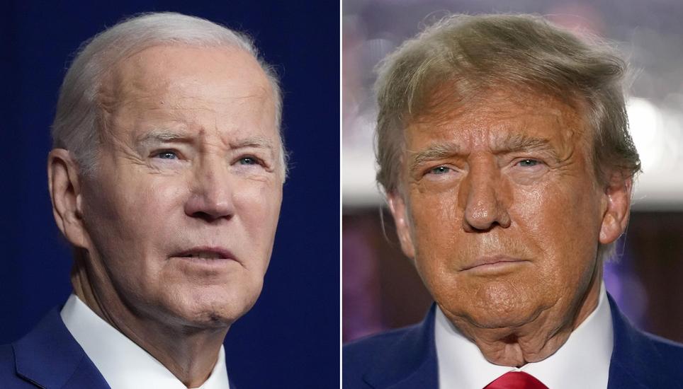 FILE - In this combination of photos, President Joe Biden, left, speaks on Aug. 10, 2023, in Salt Lake City, and former President Donald Trump speaks on June 13, 2023, in Bedminster, N.J. The sequel to the 2020 election is officially set as the president 