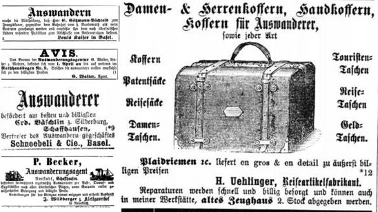 Diverse Anzeigen für Auswanderer aus den «Schaffhauser Nachrichten» von 1885 - 1910.