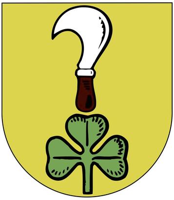 Das aktuelle Gemeindewappen mit Rebmesser und Kleeblatt.