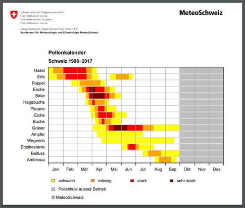 Der Pollenkalender zeigt die Veränderungen der Pollenaktivitäten der letzten 20 Jahren. Screenshot: Meteo Schweiz