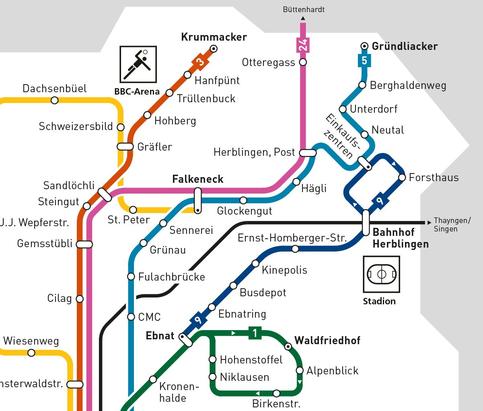 Bis zum Schlossweiher (auf Grafikkarte Gründliacker) soll die Buslinie 5 erweitert werden.