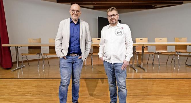 Wahlpodium Feuerthalen, Kandidaten Gemeinderat und Schulpflege, v.l. Holger Gurtner, Thomas Frey, Donnerstag, 05.02.2026, Feuerthalen (Roger Hofstetter/Schaffhauser Nachrichten)