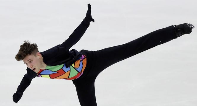 Lukas Britschgi of Switzerland performs in the men's short program during the ISU European Figure Skating Championships in Kaunas, Lithuania, Wednesday, Jan. 10, 2024. (AP Photo/Mindaugas Kulbis)