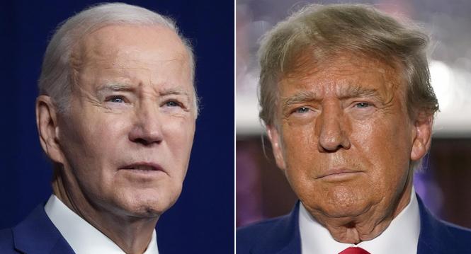 FILE - In this combination of photos, President Joe Biden, left, speaks on Aug. 10, 2023, in Salt Lake City, and former President Donald Trump speaks on June 13, 2023, in Bedminster, N.J. The sequel to the 2020 election is officially set as the president 